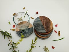 Al Maun | Uzma | Grey Marble & Wooden | Handmade Round | Protect Furniture Surface from Damage Classic Coaster for Drinks, Beverages, Bar, Living, Kitchen & Dining Elegant Look | Set of 6