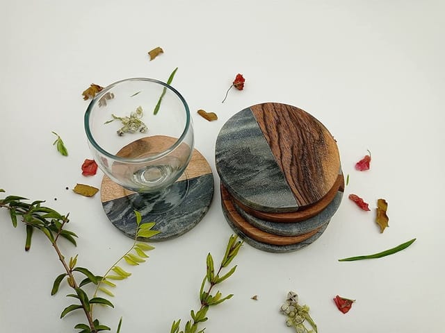 Al Maun | Uzma | Grey Marble & Wooden | Handmade Round | Protect Furniture Surface from Damage Classic Coaster for Drinks, Beverages, Bar, Living, Kitchen & Dining Elegant Look | Set of 6
