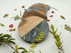 Al Maun | Uzma | Grey Marble & Wooden | Handmade Round | Protect Furniture Surface from Damage Classic Coaster for Drinks, Beverages, Bar, Living, Kitchen & Dining Elegant Look | Set of 6