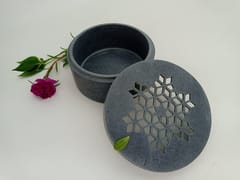 Al Maun | Emir | Marble Natural Grey Soapstone | Handmade Round Lattice Craft | Multiusage Box For Nut & Spices, Storage Jewellery and Ornament Box