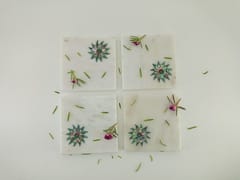Al Maun | Aheem| White Marble | Handmade Square Green Inlay | Classic Coaster for Drinks, Beverages, Bar, Living, Kitchen & Dining Elegant Look | Set of 4