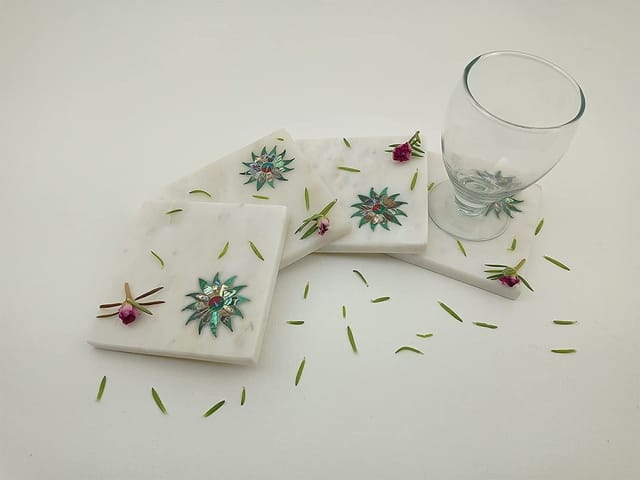 Al Maun | Aheem| White Marble | Handmade Square Green Inlay | Classic Coaster for Drinks, Beverages, Bar, Living, Kitchen & Dining Elegant Look | Set of 4