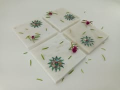Al Maun | Aheem| White Marble | Handmade Square Green Inlay | Classic Coaster for Drinks, Beverages, Bar, Living, Kitchen & Dining Elegant Look | Set of 4