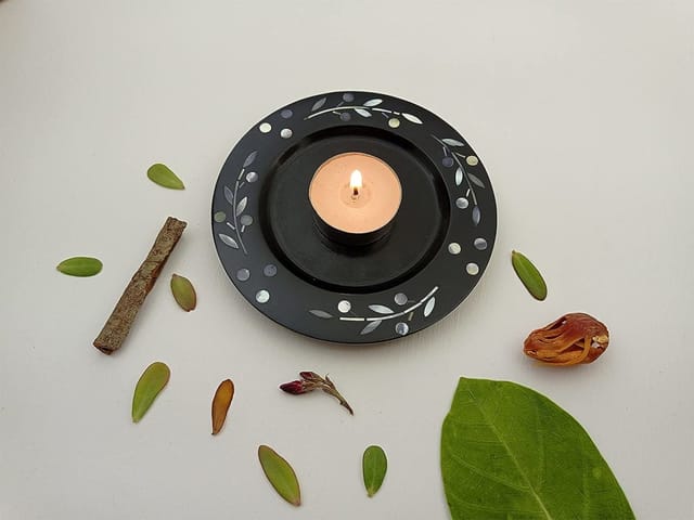 Al Maun | Fayruz | Marble Natural Black Soapstone | Handmade Round Inlay Craft | Tealight & Candle Stand | A Perfect Handmade Product for Gifting | for Home Decor & Table Accents