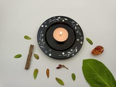 Al Maun | Fayruz | Marble Natural Black Soapstone | Handmade Round Inlay Craft | Tealight & Candle Stand | A Perfect Handmade Product for Gifting | for Home Decor & Table Accents