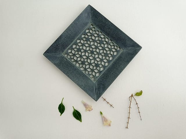 Al Maun | Haaziq | Marble Natural Grey Soapstone | Handmade Square Lattice Craft | Decorative Multipurpose Tray | Jewellery, Storage, Table & Serving Tray | For Your Home Decor & Dining