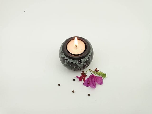 Al Maun | Almas | Marble Natural Black Soapstone | Handmade Ball Shape Carving Craft | Tealight & Candle Holders Diya | A Perfect Handmade Product for Gifting | for Home Decor & Festivals