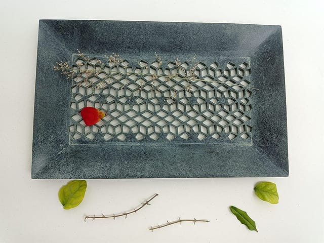 Al Maun | Nevra | Marble Natural Grey Soapstone | Handmade Rectangle Lattice Craft | Decorative Multipurpose Tray | Jewellery, Storage, Table & Serving Tray | For Your Home Decor & Dining