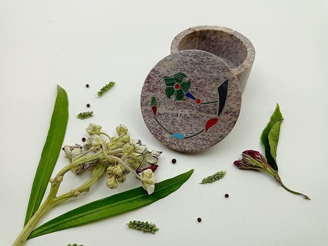 Al Maun | Hannan | Marble Natural Multicolor Soapstone | Handmade Round Inlay Craft | Multiusage Box For Nut & Spices, Storage Jewellery and Ornament Box