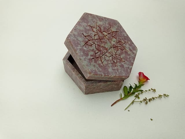 Al Maun | Hirz | Marble Natural Multicolor Soapstone | Hexagonal Handcrafted Storage Jewellery and Ornament Storage Box