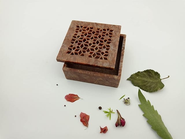 Al Maun | Dahab | Marble Natural Multicolor Soapstone | Handmade Square Lattice Craft | Multiusage Box For Nut & Spices, Storage Jewellery and Ornament Box