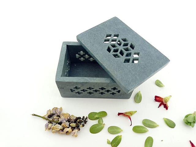 Al Maun | Emtan | Marble Natural Grey Soapstone | Handmade Rectangle Lattice Craft | Multiusage Box For Nut & Spices, Storage Jewellery and Ornament Box