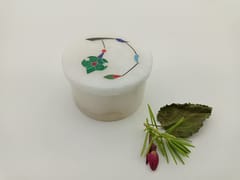 Al Maun | Arwa | Marble Natural White Alabaster Soapstone | Handmade Round Inlay Craft | Multiusage Box For Nut & Spices, Storage Jewellery and Ornament Box