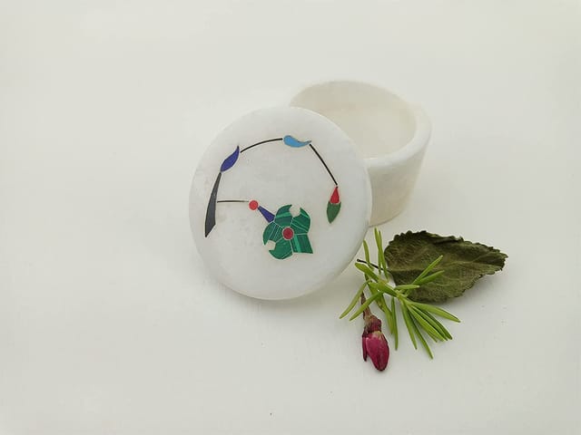Al Maun | Arwa | Marble Natural White Alabaster Soapstone | Handmade Round Inlay Craft | Multiusage Box For Nut & Spices, Storage Jewellery and Ornament Box