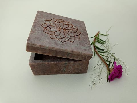 Al Maun | Fadl | Marble Natural Multicolor Soapstone | Handmade Square Handcrafted Lattice Pattern | Multiusage Box For Nut & Spices, Storage Jewellery and Ornament Box