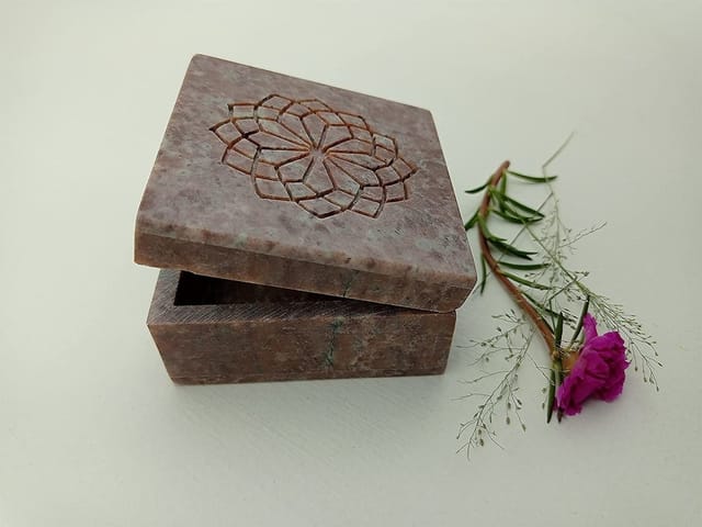 Al Maun | Fadl | Marble Natural Multicolor Soapstone | Handmade Square Handcrafted Lattice Pattern | Multiusage Box For Nut & Spices, Storage Jewellery and Ornament Box