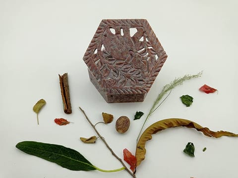 Al Maun | Wadud | Marble Natural Multicolor Soapstone | Handmade Hexagnal Carving Craft | Multiusage Box For Nut & Spices, Storage Jewellery and Ornament Box
