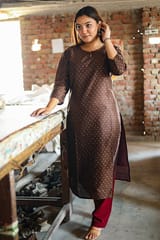 Sootisyahi-HANDBLOCK PRINTRD CHANDERI SILK KURTI