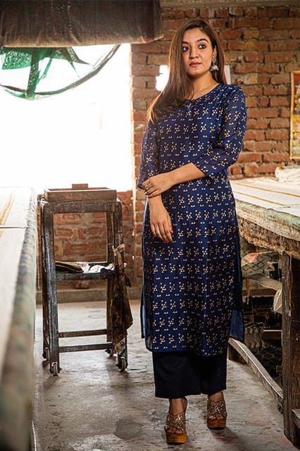 Sootisyahi-HANDBLOCK PRINTED CHANDERI SILK KURTI