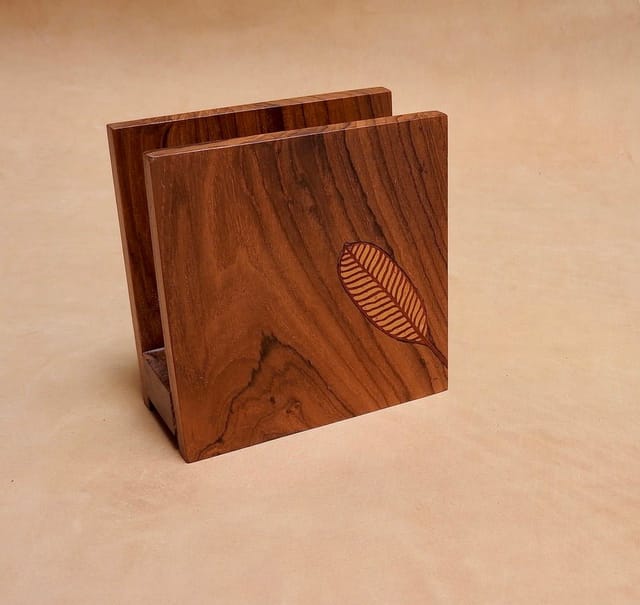 The Beehive India Leaf Inlay Pattern Napkin Holder - Made of Teak Wood Holder
