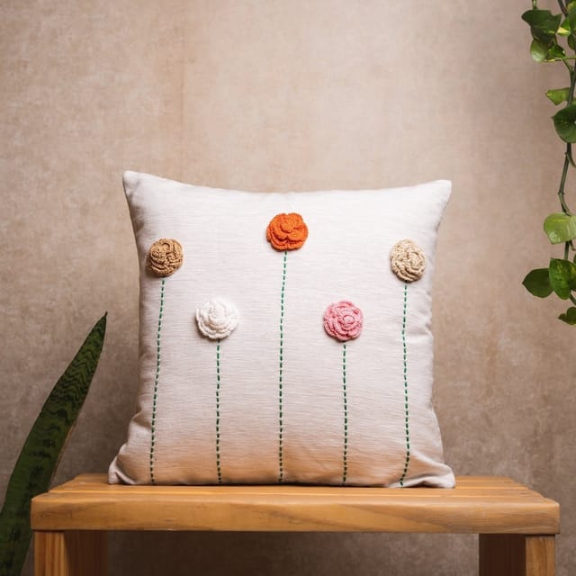 Nandnistudio - Hand Crocheted Roses Cushion Cover - Ivory