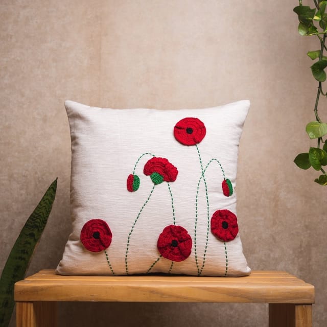 Nandnistudio - Hand Crocheted Red Poppies Cushion Cover - Ivory