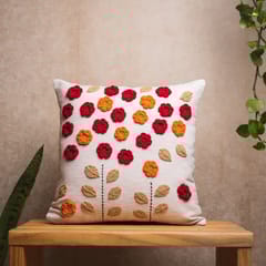 Nandnistudio - Hand Crocheted Red and Orange Flowers Cushion Cover - Ivory