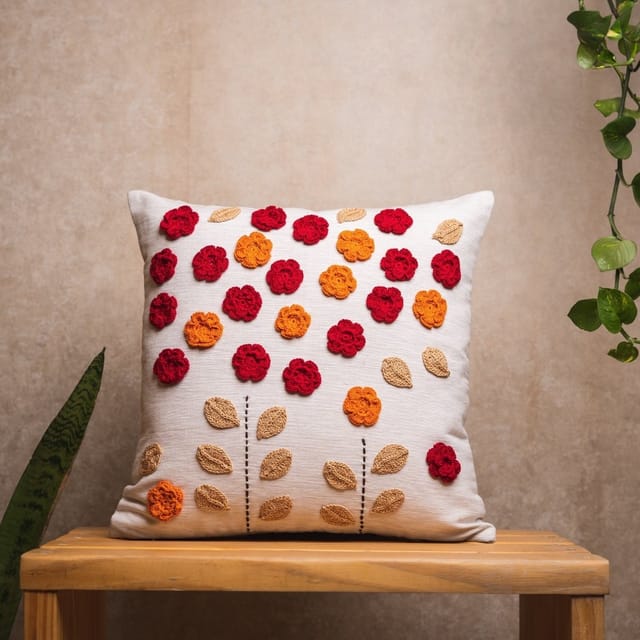 Nandnistudio - Hand Crocheted Red and Orange Flowers Cushion Cover - Ivory