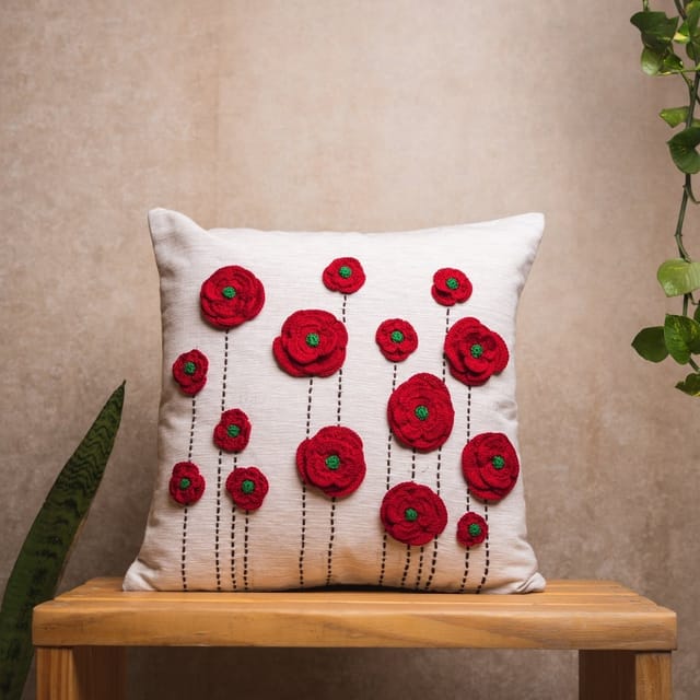 Nandnistudio - Hand Crocheted Red Layered Flowers Cushion Cover - Ivory