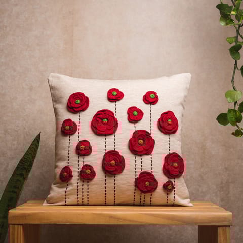 Nandnistudio - Crochet red layered flowers cushion cover - Beige