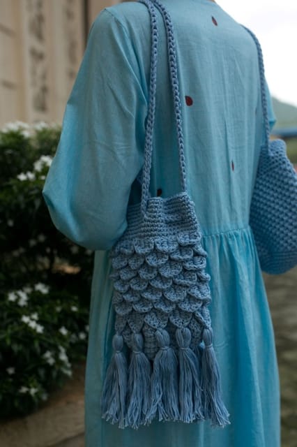 Nandnistudio - Hand Crocjeted Light Blue Fish Scale Bucket Bag