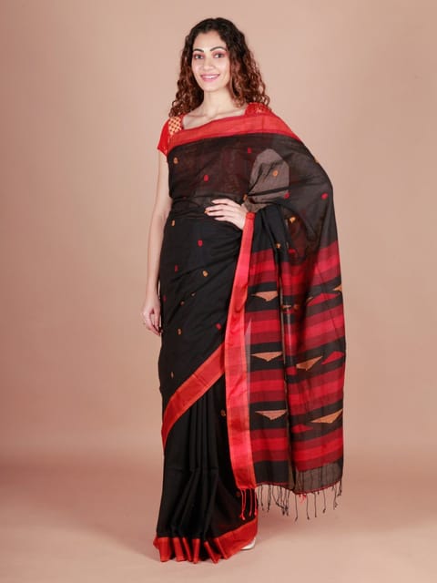 RESHAWeaves - Black Bengal Jamdani Cotton Saree