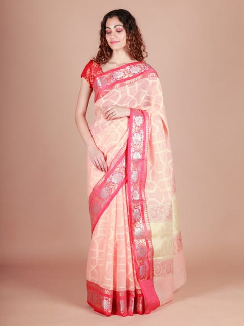 RESHAWeaves - Peach Cotton Banarasi Saree