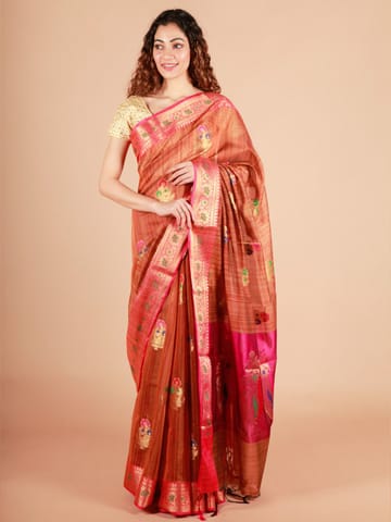RESHAWeaves - Brown Cotton Banarasi Saree