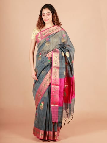 RESHAWeaves - Grey Cotton Banarasi Saree
