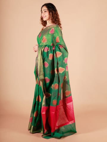 RESHAWeaves - Green Cotton Banarasi Saree