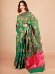 RESHAWeaves - Green Cotton Banarasi Saree