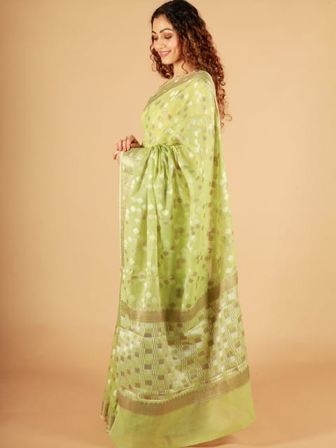 RESHAWeaves - Green Cotton Banarasi Saree