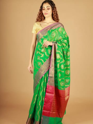 RESHAWeaves - Green Cotton Banarasi Saree