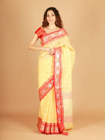 RESHAWeaves - Yellow Cotton Banarasi Saree