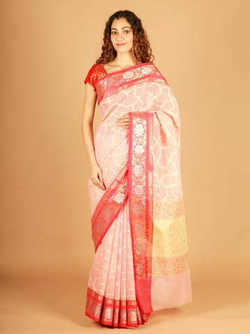 RESHAWeaves - Peach Cotton Banarasi Saree