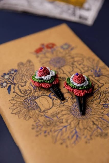 Samoolam Handmade Crochet Flower Hair Clips Set Cinnamon Rose