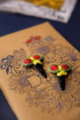 Samoolam Red-Green-Yellow Layered Crochet Flower, Black Tic Tac Hair Clip
