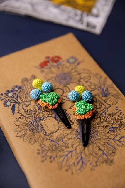 Samoolam Handmade Crochet Flower Hair Clips Set Mint Rose Bloom
