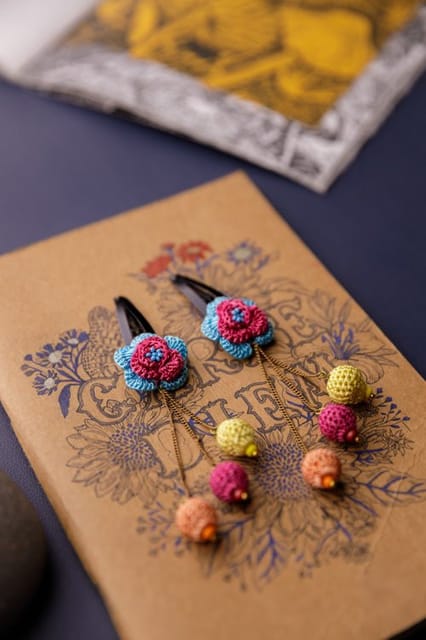 Samoolam Handmade Crochet Flower Hair Clips Set Aqua Rapunzel