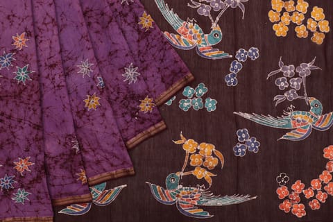 Anoothi-A Handpainted Batik Maheshwari Silk Cotton Saree in Purple and Dark Brown