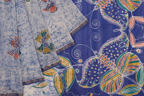 Anoothi-A Handpainted Batik Maheshwari Silk Cotton Saree in Dark Blue and White