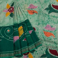 Anoothi-A Handpainted Batik Maheshwari Silk Cotton Saree in Light Green and Dark Green