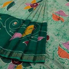 Anoothi-A Handpainted Batik Maheshwari Silk Cotton Saree in Light Green and Dark Green