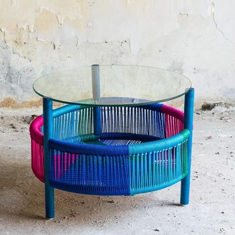 Rhizome-Glass Top Central Table | Made with Silk Fabric Scrap Ropes and Bamboo by Rhizome